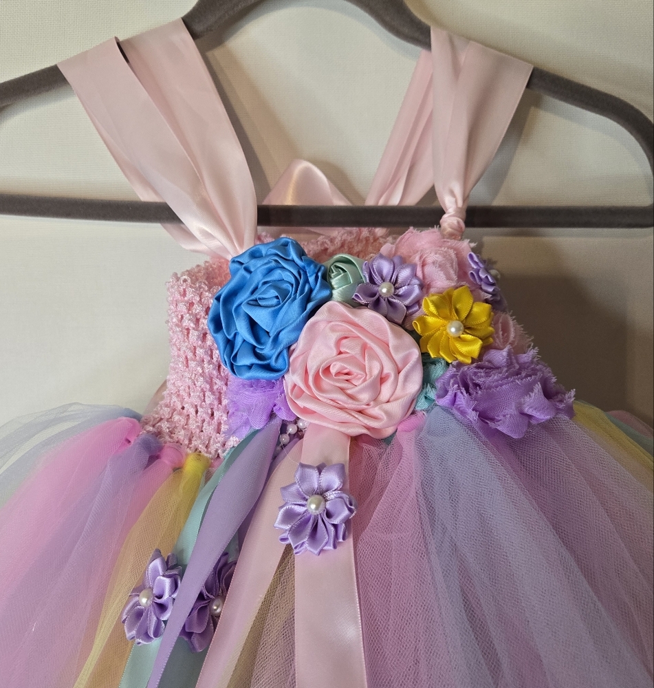 ANGEL TUTU Girls Pastel Floral Tulle  Dress With Satin Flower Embellishments - Picture 2 of 11